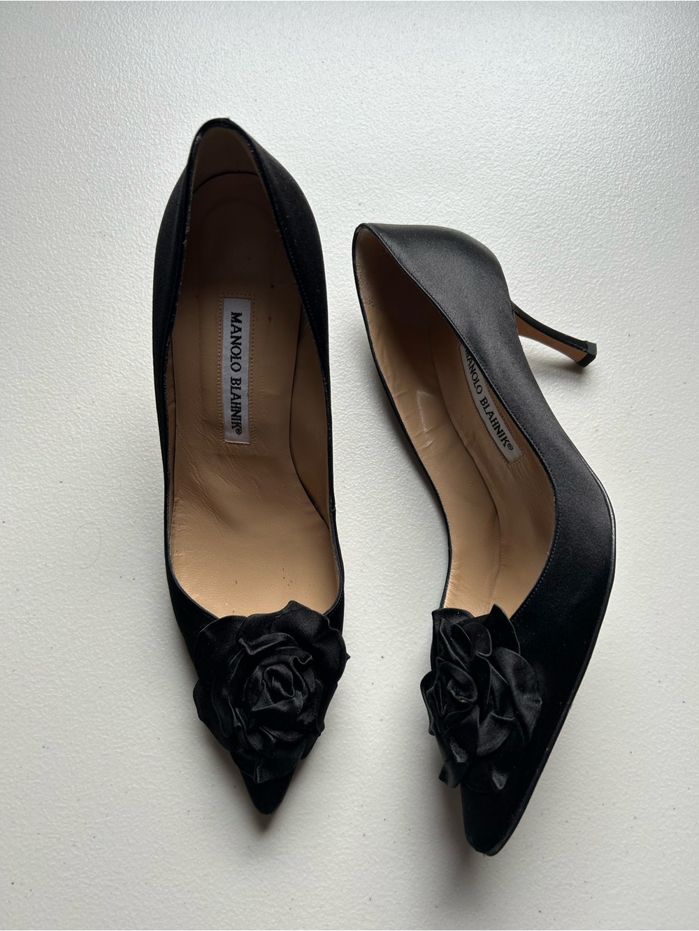 Manolo Blahnik Black Satin Rosette Heels Size 38
